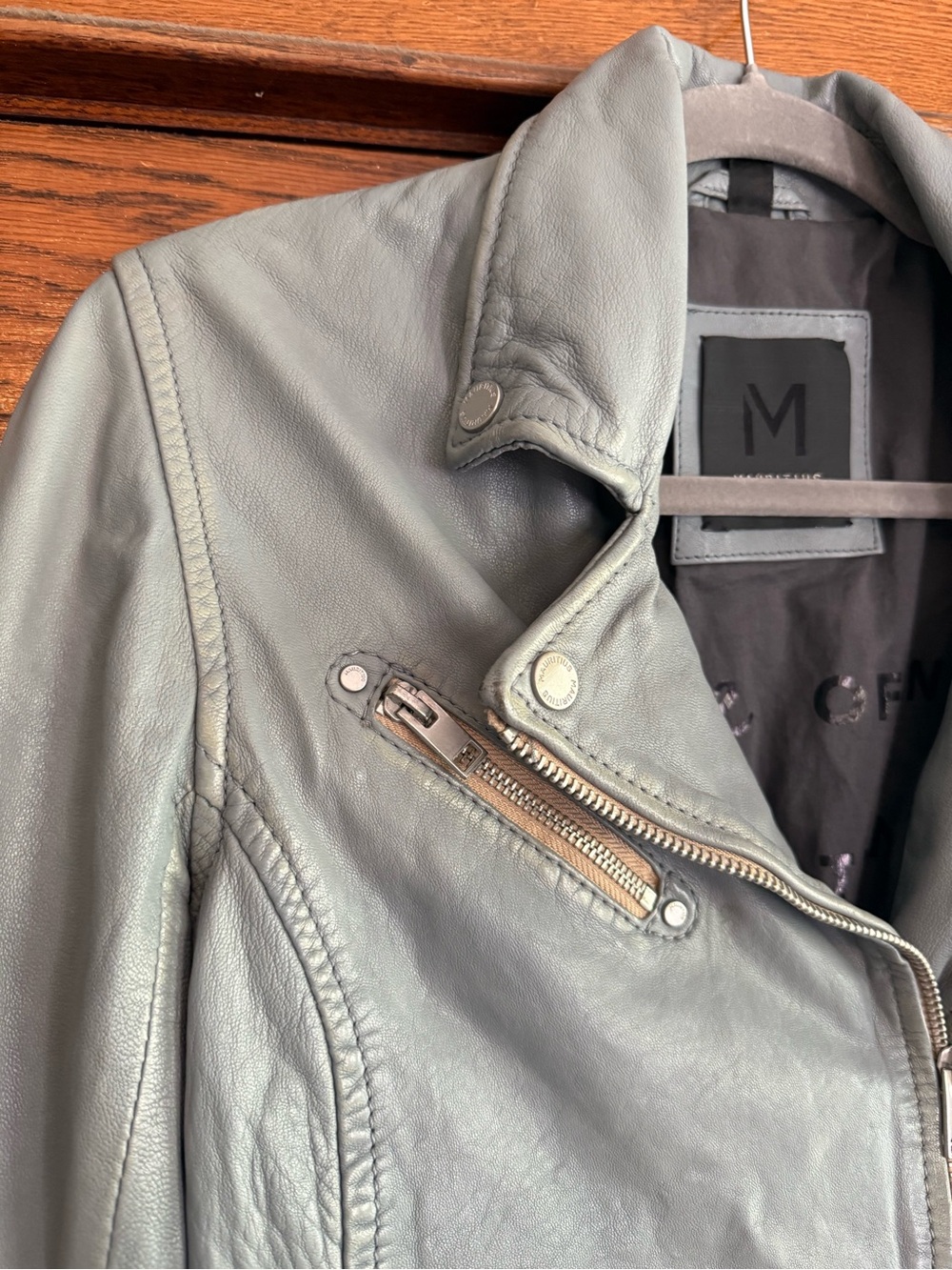 MAURITIUS 100% Lamb Leather Zip Up Moto Jacket Fitted Chic Light Blue Grey US 6 - Picture 2 of 13